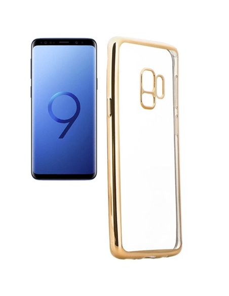 CUSTODIA per SAMSUNG GALAXY S9 (SM-G960) IN GEL TPU SILICONE TRASPARENTE CON CORNICE COLORE ORO