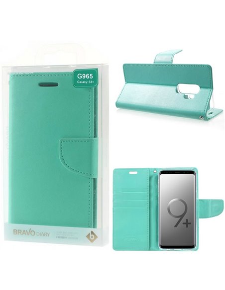 CUSTODIA per SAMSUNG GALAXY S9 PLUS (SM-G965) - FLIP ORIZZONTALE SIMILPELLE CON INTERNO IN TPU E STAND VERDE ACQUA BRAVO