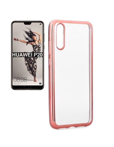 CUSTODIA per HUAWEI P20 IN GEL TPU SILICONE TRASPARENTE CON CORNICE COLORE ROSA ORO