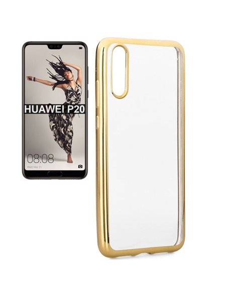 CUSTODIA per HUAWEI P20 IN GEL TPU SILICONE TRASPARENTE CON CORNICE COLORE ORO