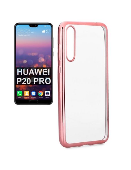 CUSTODIA per HUAWEI P20 PRO IN GEL TPU SILICONE TRASPARENTE CON CORNICE COLORE ROSA ORO