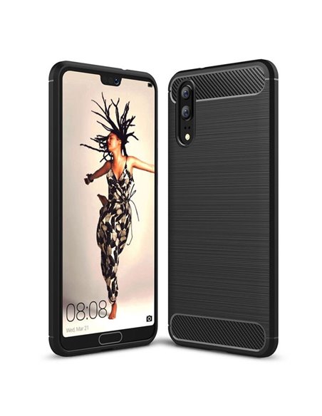 CUSTODIA per HUAWEI P20 IN GEL TPU SILICONE EFFETTO METALLICO CON INSERTI IN FANTASIA CARBONIO COLORE NERO