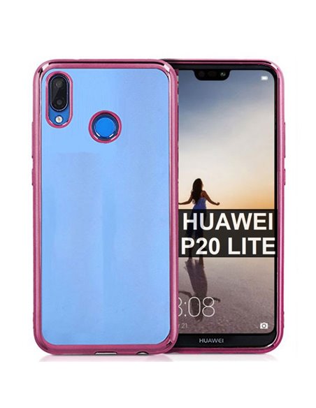 CUSTODIA per HUAWEI P20 LITE IN GEL TPU SILICONE TRASPARENTE CON CORNICE COLORE ROSA ORO