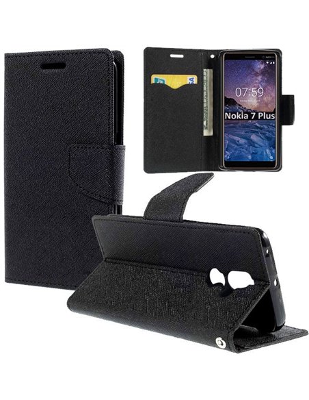 CUSTODIA per NOKIA 7 PLUS - FLIP ORIZZONTALE CON INTERNO IN TPU SILICONE, STAND, PORTA CARTE E CHIUSURA MAGNETICA COLORE NERO