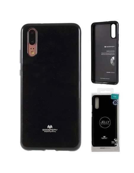 CUSTODIA per HUAWEI P20 IN GEL TPU SILICONE COLORE NERO LUCIDO CON GLITTER ALTA QUALITA' MERCURY BLISTER