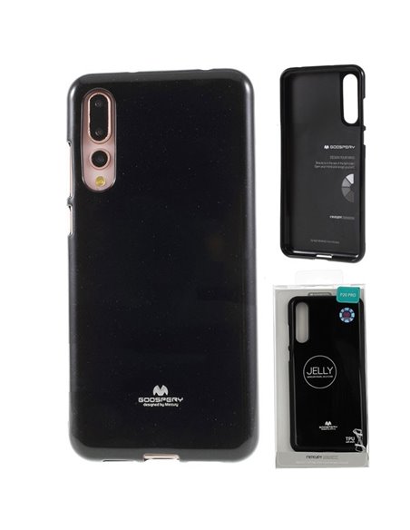 CUSTODIA per HUAWEI P20 PRO IN GEL TPU SILICONE COLORE NERO LUCIDO CON GLITTER ALTA QUALITA' MERCURY BLISTER