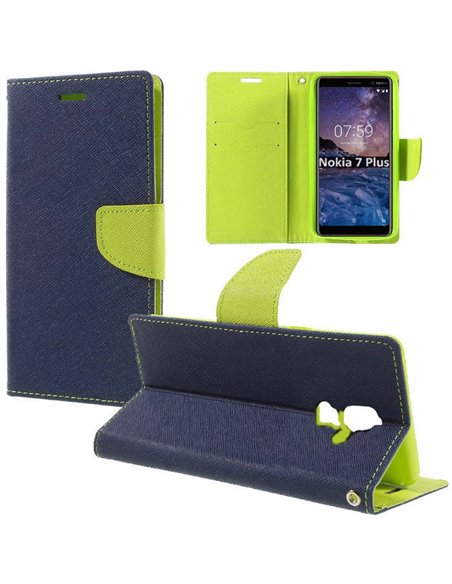 CUSTODIA per NOKIA 7 PLUS - FLIP ORIZZONTALE CON INTERNO IN TPU SILICONE, STAND, PORTA CARTE E CHIUSURA MAGNETICA COLORE BLU