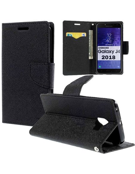 CUSTODIA per SAMSUNG GALAXY J4 2018 (SM-J400F) - FLIP ORIZZONTALE CON STAND, INTERNO IN TPU SILICONE E PORTA CARTE COLORE NERO