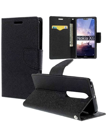 CUSTODIA per NOKIA 6.1 PLUS, NOKIA X6 2018 - FLIP ORIZZONTALE CON INTERNO IN TPU SILICONE, STAND E CHIUSURA MAGNETICA COLORE NER