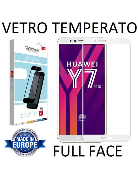 PELLICOLA per HUAWEI Y7 2018, Y7 PRIME 2018, HONOR 7C IN VETRO TEMPERATO FULL FACE 9H 0,33mm CON CORNICE BIANCA MYSCREEN LITE