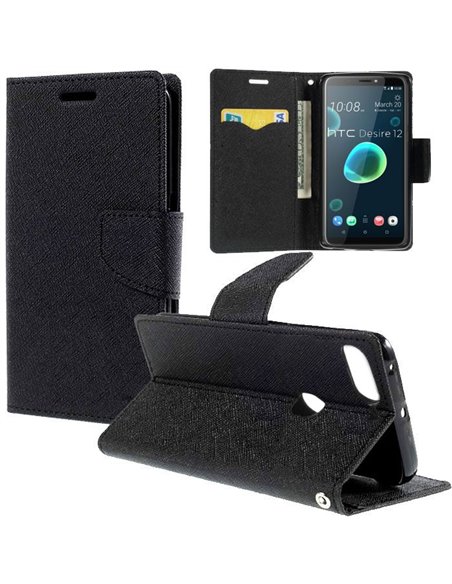 CUSTODIA per HTC DESIRE 12 - FLIP ORIZZONTALE CON INTERNO IN TPU SILICONE, STAND, PORTA CARTE E CHIUSURA MAGNETICA COLORE NERO