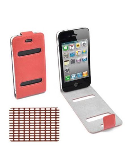 CUSTODIA VERTICALE FLIP SOTTILE per APPLE IPHONE 4, 4s CON DOPPIA FINESTRA E FISSAGGIO ADESIVO COLORE ROSSO