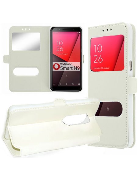 CUSTODIA per VODAFONE SMART N9 - FLIP ORIZZONTALE SIMILPELLE CON INTERNO IN TPU, STAND E DOPPIA FINESTRA ID COLORE BIANCO