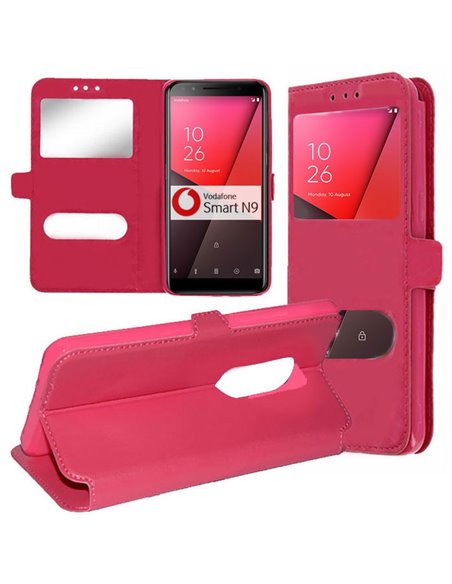 CUSTODIA per VODAFONE SMART N9 - FLIP ORIZZONTALE SIMILPELLE CON INTERNO IN TPU, STAND E DOPPIA FINESTRA ID COLORE ROSA