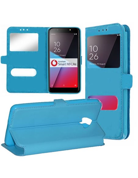 CUSTODIA per VODAFONE SMART N9 LITE - FLIP ORIZZONTALE SIMILPELLE CON INTERNO IN TPU, STAND E DOPPIA FINESTRA ID COLORE AZZURRO