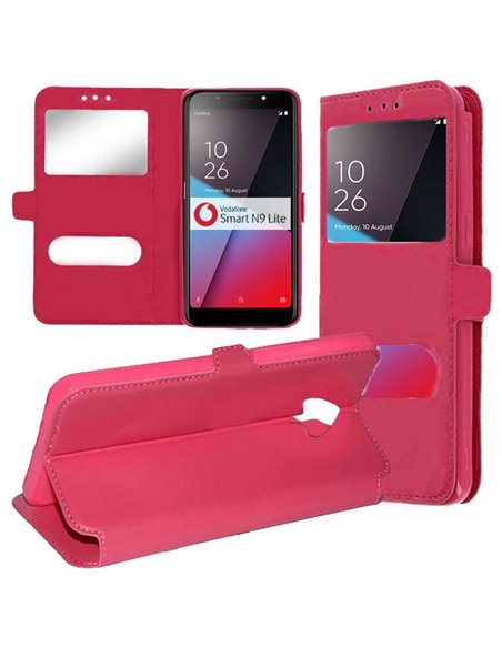 CUSTODIA per VODAFONE SMART N9 LITE - FLIP ORIZZONTALE SIMILPELLE CON INTERNO IN TPU, STAND E DOPPIA FINESTRA ID COLORE ROSA