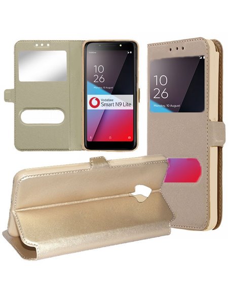 CUSTODIA per VODAFONE SMART N9 LITE - FLIP ORIZZONTALE SIMILPELLE CON INTERNO IN TPU, STAND E DOPPIA FINESTRA ID COLORE ORO