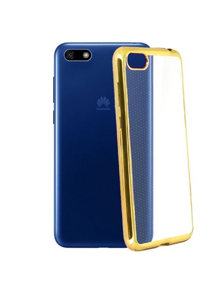 CUSTODIA per HUAWEI Y5 2018, Y5 PRIME 2018, HONOR 7S IN GEL TPU SILICONE TRASPARENTE CON CORNICE COLORE ORO