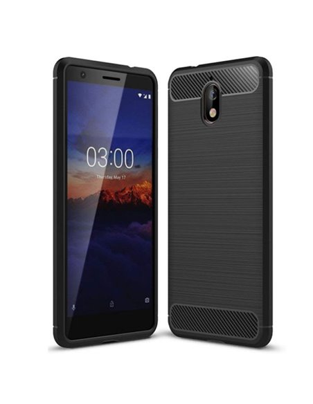 CUSTODIA per NOKIA 3.1 (5.2') IN GEL TPU SILICONE EFFETTO METALLICO CON INSERTI IN FANTASIA CARBONIO COLORE NERO