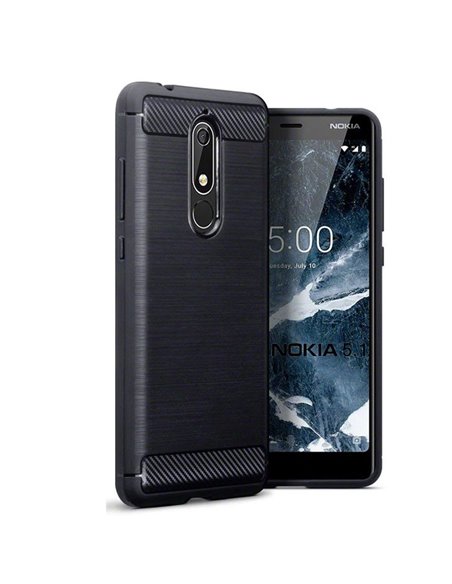 CUSTODIA per NOKIA 5.1 (5.5') IN GEL TPU SILICONE EFFETTO METALLICO CON INSERTI IN FANTASIA CARBONIO COLORE NERO