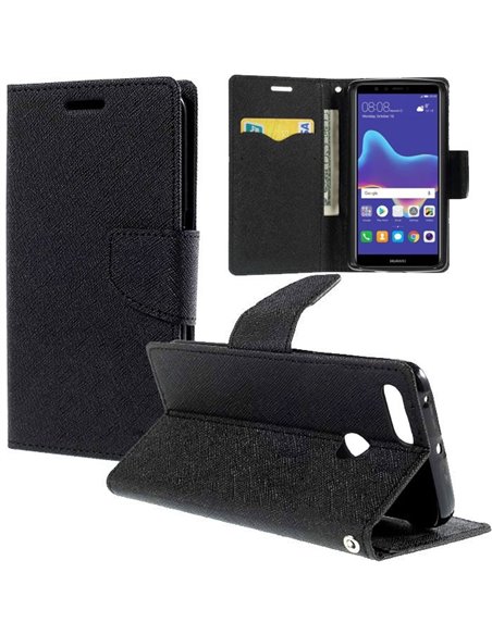 CUSTODIA per HUAWEI Y9 2018, ENJOY 8 PLUS - FLIP ORIZZONTALE CON INTERNO IN TPU SILICONE, STAND E CHIUSURA MAGNETICA COLORE NERO