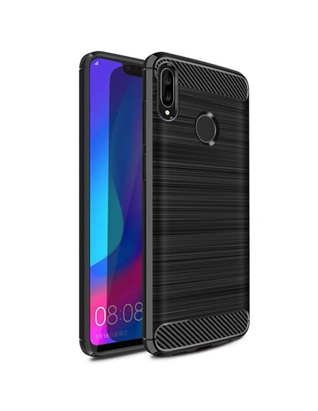 CUSTODIA per HUAWEI NOVA 3 IN GEL TPU SILICONE EFFETTO METALLICO CON INSERTI IN FANTASIA CARBONIO COLORE NERO