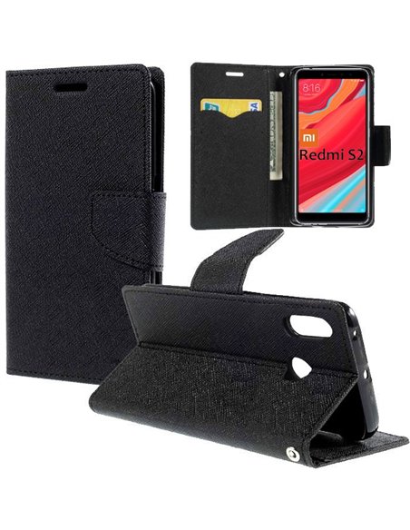 CUSTODIA per XIAOMI REDMI S2, REDMI Y2 - FLIP ORIZZONTALE CON INTERNO IN TPU, STAND, PORTA CARTE E CHIUSURA MAGNETICA COLORE NER