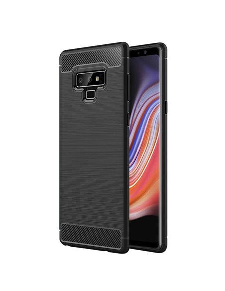 CUSTODIA per SAMSUNG GALAXY NOTE 9 (SM-N960) IN GEL TPU SILICONE EFFETTO METALLICO CON INSERTI IN FANTASIA CARBONIO NERO