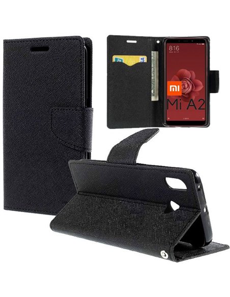 CUSTODIA per XIAOMI MI A2, MI 6X - FLIP ORIZZONTALE CON INTERNO IN TPU, STAND, PORTA CARTE E CHIUSURA MAGNETICA COLORE NERO