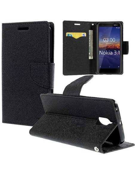 CUSTODIA per NOKIA 3.1 (5.2') - FLIP ORIZZONTALE CON INTERNO IN TPU SILICONE, STAND E CHIUSURA MAGNETICA COLORE NERO