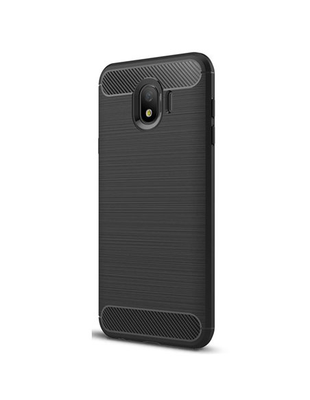 CUSTODIA per SAMSUNG GALAXY J4 2018 (SM-J400F) IN GEL TPU SILICONE EFFETTO METALLICO CON INSERTI IN FANTASIA CARBONIO NERO