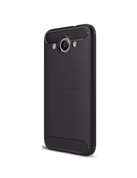 CUSTODIA per HUAWEI Y3 2018, Y3 2017 IN GEL TPU SILICONE EFFETTO METALLICO CON INSERTI IN FANTASIA CARBONIO COLORE NERO