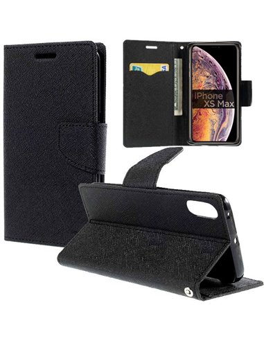 CUSTODIA per APPLE IPHONE XS MAX (6.5') - FLIP ORIZZONTALE CON INTERNO IN TPU SILICONE, STAND E TASCHE PORTA CARTE COLORE NERO