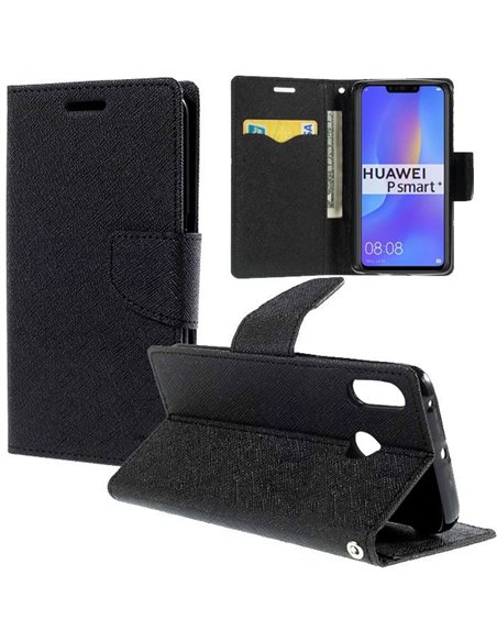 CUSTODIA per HUAWEI P SMART PLUS, NOVA 3i - FLIP ORIZZONTALE CON INTERNO IN TPU, STAND, PORTA CARTE E CHIUSURA MAGNETICA NERO