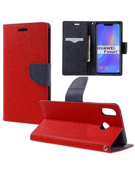 CUSTODIA per HUAWEI P SMART PLUS, NOVA 3i - FLIP ORIZZONTALE CON INTERNO IN TPU, STAND, PORTA CARTE E CHIUSURA MAGNETICA ROSSO