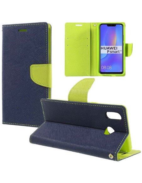 CUSTODIA per HUAWEI P SMART PLUS, NOVA 3i - FLIP ORIZZONTALE CON INTERNO IN TPU, STAND, PORTA CARTE E CHIUSURA MAGNETICA BLU