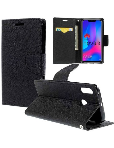 CUSTODIA per HUAWEI NOVA 3 - FLIP ORIZZONTALE CON INTERNO IN TPU, STAND, PORTA CARTE E CHIUSURA MAGNETICA COLORE NERO