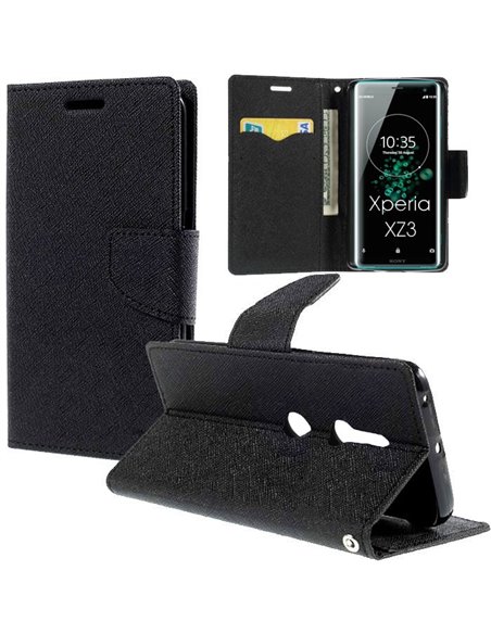 CUSTODIA per SONY XPERIA XZ3 - FLIP ORIZZONTALE CON INTERNO IN TPU SILICONE, STAND E TASCHE PORTA CARTE COLORE NERO