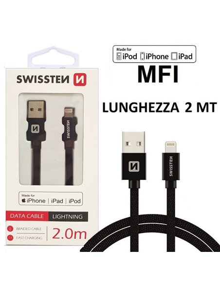 CAVO USB LIGHTNING con CERTIFICATO MFI E CAVO IN TESSUTO - LUNGHEZZA 2 MT COLORE NERO SWISSTEN 71524301 BLISTER