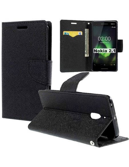 CUSTODIA per NOKIA 2.1 (5.5') - FLIP ORIZZONTALE CON INTERNO IN TPU SILICONE, STAND E CHIUSURA MAGNETICA COLORE NERO