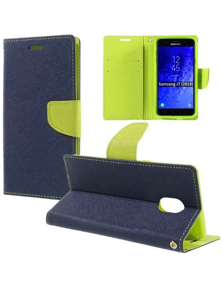 CUSTODIA per SAMSUNG SM-J737 GALAXY J7 (2018) - FLIP ORIZZONTALE CON STAND, INTERNO IN TPU SILICONE E PORTA CARTE COLORE BLU