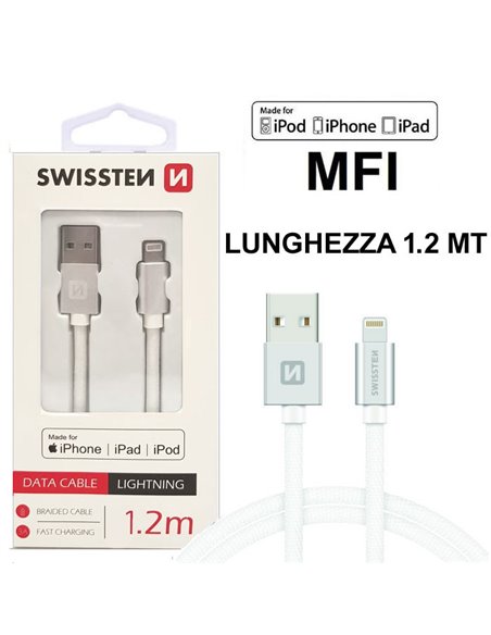 CAVO USB LIGHTNING con CERTIFICATO MFI E CAVO IN TESSUTO - LUNGHEZZA 1.2 MT COLORE SILVER SWISSTEN 71524203 BLISTER