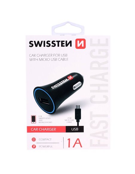 CARICATORE AUTO 1000mAh CON 1 PORTA USB + CAVO MICRO USB LUNGHEZZA 1,5 MT COLORE NERO SWISSTEN 20110800 BLISTER