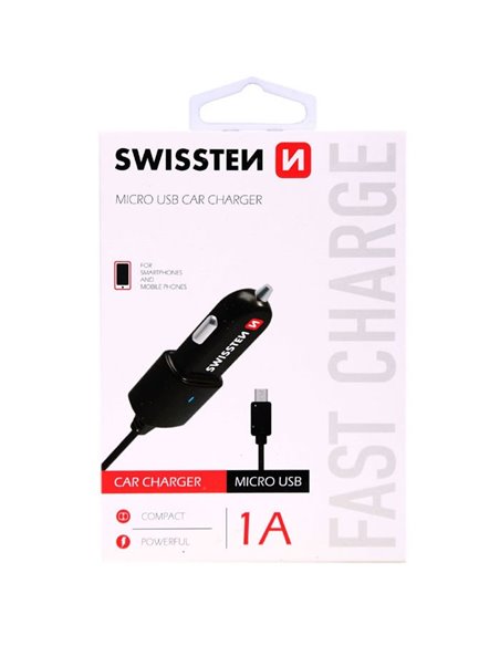 CARICATORE AUTO 1000mAh CON CONNETTORE MICRO USB - CAVO A SPIRALE COLORE NERO SWISSTEN 20111100 BLISTER