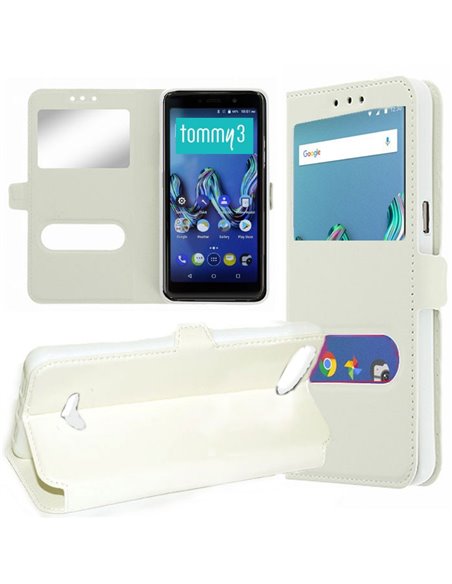 CUSTODIA per WIKO TOMMY 3 - FLIP ORIZZONTALE SIMILPELLE CON INTERNO IN TPU SILICONE E DOPPIA FINESTRA ID COLORE BIANCO