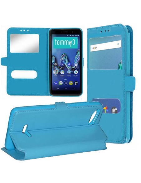 CUSTODIA per WIKO TOMMY 3 - FLIP ORIZZONTALE SIMILPELLE CON INTERNO IN TPU SILICONE E DOPPIA FINESTRA ID COLORE AZZURRO