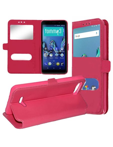 CUSTODIA per WIKO TOMMY 3 - FLIP ORIZZONTALE SIMILPELLE CON INTERNO IN TPU SILICONE E DOPPIA FINESTRA ID COLORE ROSA