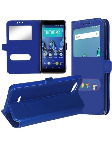 CUSTODIA per WIKO TOMMY 3 - FLIP ORIZZONTALE SIMILPELLE CON INTERNO IN TPU SILICONE E DOPPIA FINESTRA ID COLORE BLU