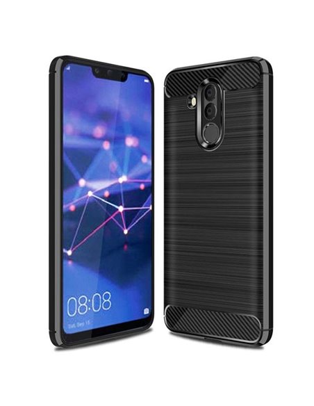 CUSTODIA per HUAWEI MATE 20 LITE IN GEL TPU SILICONE EFFETTO METALLICO CON INSERTI IN FANTASIA CARBONIO COLORE NERO