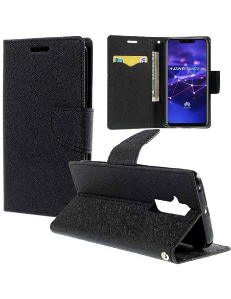 CUSTODIA per HUAWEI MATE 20 LITE - FLIP ORIZZONTALE CON INTERNO IN TPU, STAND, PORTA CARTE E CHIUSURA MAGNETICA COLORE NERO